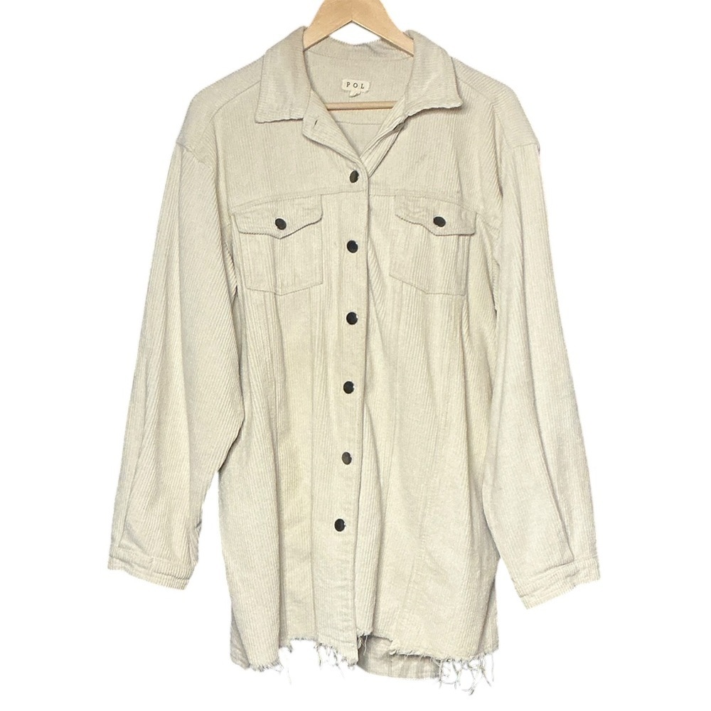 POL Corduroy Light Tan Oversized Boyfriend Jacket with Distressed Hem - Picture 2 of 9